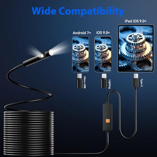 Cámara Endoscópica con Luz, Doble Lente 1920P HD Borescopio con 8+1 Luces LED Ajustables, Cable Semi-rígido de 32.8 Pies IP67 Cámara de Inspección Impermeable para iPhone, iPad, Teléfonos iOS y Android miniatura 5