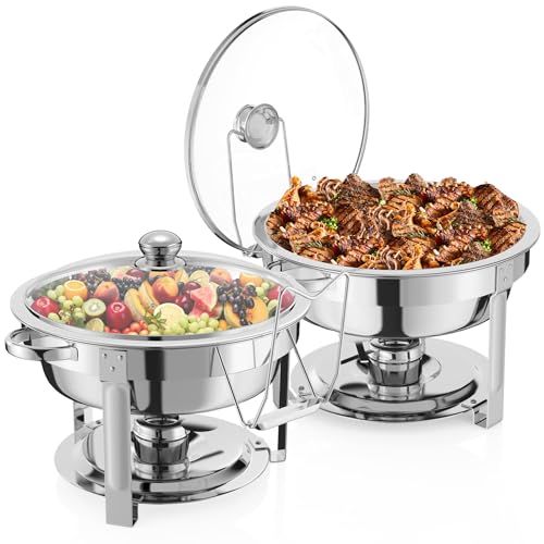 NArra Lot de 2 Plats à réchaud pour Buffet, 7.5 L Couvercle Rond en Verre, en Acier Inoxydable, Cadre épais avec couvercles en Miroir, Chauffe-Plats pour...