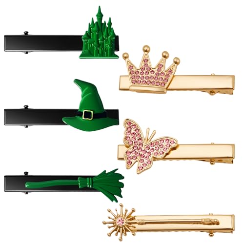 6Pcs Magical Witch Fairy Hair Clips for Women Girls - Cute Hair Accessories with Green Broom Castle Witch Hat Pink Magic Wand Butterfly & Crown Merch Gift for Fans & Party Favor