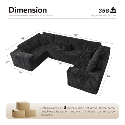 ovios Sectional Cloud Couch for Living Room, Modular Floor Sofa with Plush Corduroy, No Assembly Required, Big Comfy Couches Set with Fluffy Memory Foam, Stupendous U Shaped Sofas with Chaise, Black