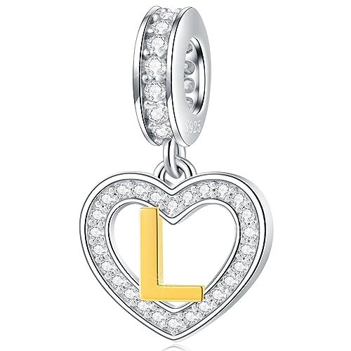 Image of GLOWDAS 18K Gold Plated Letter Charms Initial A to Z Necklace Pendant, 925 Sterling Silver CZ Heart Dangle Alphabet Beads fit European DIY Bracelet, Gifts for Valentiens /Christmas /Family