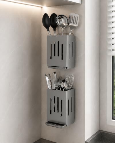 Image of KitchAntiqueWall Mounted Utensil Holder with Hooks | Self Draining Cutlery Organizer, Adhesive Installation | Waterproof Kitchen Spoon Chopstick Storage Rack for Countertop & Wall Use (1Pc, Grey)