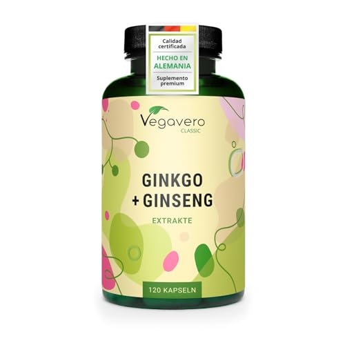 Ginkgo Biloba + Ginseng | 12.000 mg Máxima Dosificación | Circulación Sanguínea, Memoria, Concentración | Sin Aditivos | Probado en Laboratorio | Vegavero