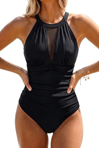 Most Flattering Swimsuit for Big Belly: The Secret That Changed Everything (11 Expert-Tested Winners + Transformation Kit) 3 Tempt Me Women One Piece Swimsuit Black High Neck Plunge Ruched Tummy Control Bathing Suit S