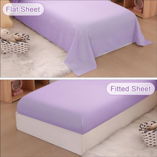 Image of Toddler Bedding Set for Girls, 4 Piece Double Ruffles Soft and Breathable Toddler Bed Sheets with Boho Toddler Comforter, Fitted Sheet, Flat Sheet and Pillowcase, Purple