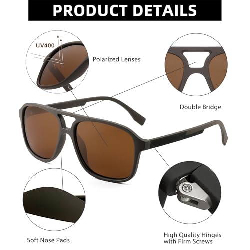 JIM HALO Polarized Aviator Sunglasses Men Women Vintage Square Driving Glasses (Matte Coffee Frame/Polarized Brown Lens)3