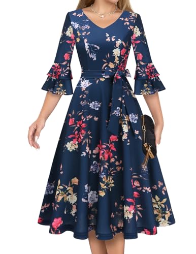 Image of DRESSTELLS Women's Cocktail Dress Summer Wedding Guest Party Vintage 3 /4 Bell Sleeve V Neck A-Line Dress