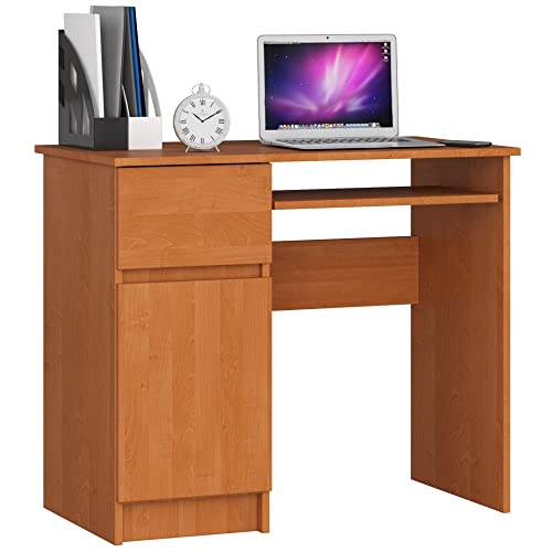 AKORD | Piksel Schreibtisch Klein mit Schubladen | Computertisch | Bürotisch mit Tastaturablage | Schublade und Fach mit Tür | Holz Deko | B90 x H77 x T50 cm 30 kg | Schrank Links | Erle