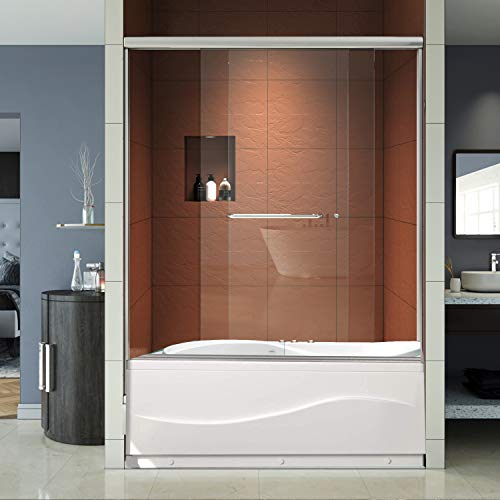 ELEGANT Bypass Sliding Bathtub Shower Door, Bathroom Double Sliding Tub Shower Door 58 1/2'' - 60'' W x 62'' H, 1/4'' Clear Glass, Brushed Nickel Finish
