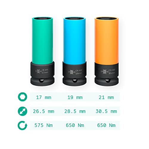 Kraft-Schoneinsätze 3tlg für Alu-Felgen 17mm 19mm 21mm für Schlagschrauber I Kraft-Steckschlüssel-Satz I Schonnüsse I Impact Socket I 0,5 Zoll I im Werkzeugkoffer von WIESEMANN 1893 I 80058