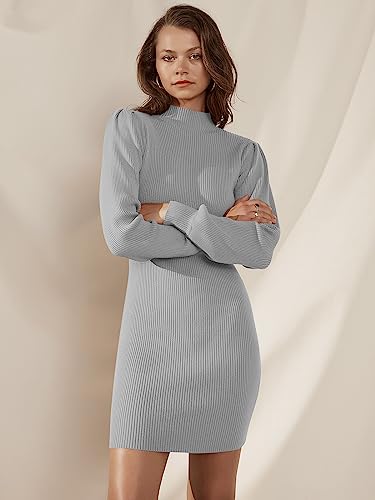 Anrabess Sweater Dress For Women Long Sleeve Pullover Slim Fit High Neck Wedding Guest Dress Ribbed Knit Trendy Mini Dress Fall Sweaters A145Yinhui-S Gray #TOP3