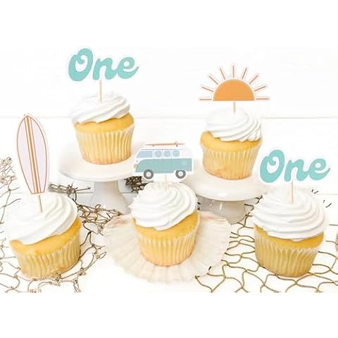 The Big One Cupcake Toppers - Retro Surfer Theme First Birthday Decor Set of 12pcs,Ocean Themed Cupcake Tops Surf Board Sun Retro Van Big One,1st Birthday Party Decorations,Photo Props for Summer Cover