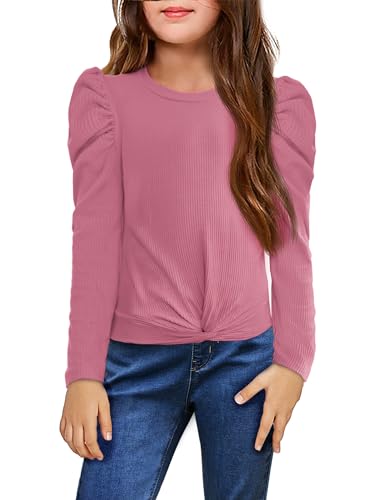 Image of Arshiner Girls Puff Long Sleeve Shirts Twist Front Ribbed Knit T Shirt Crop Tops Tee Blouse