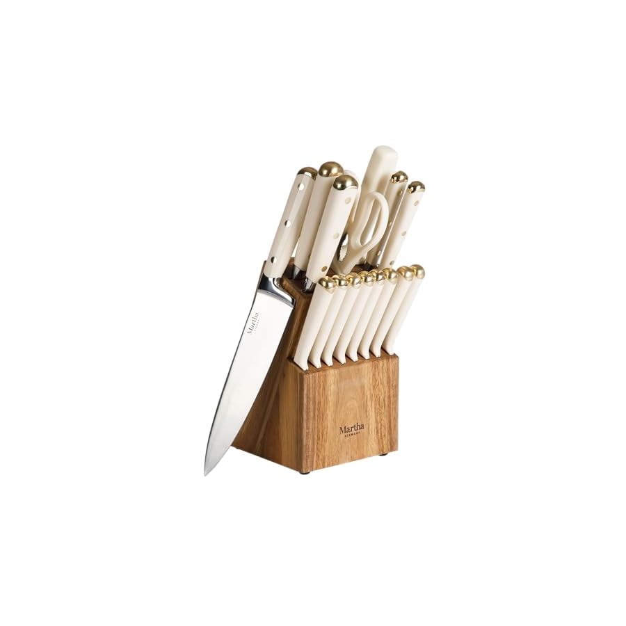 Martha-Stewart-16-Piece-Lockton-High-Carbon-Stainless-Steel-Cutlery-Kitchen-Knife-Block-Set-WABS-Tripe-Riveted-Forged-Handle-Acacia-Wood-Block-Linen-White-WGold Martha Stewart 16 Piece Lockton High Carbon Stainless Steel Cutlery Kitchen Knife Block Set W/ABS Tripe Riveted Forged Handle Acacia Wood Block - Linen White W/Gold