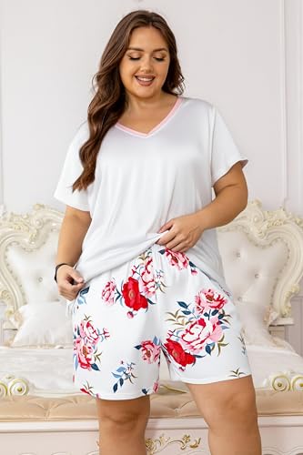 Image of Vozanet Women's Short Sleeve Top and Shorts Pajama Sets Plus Size V Neck Colorful Flower Nighty Loungewear With TWO Pockets