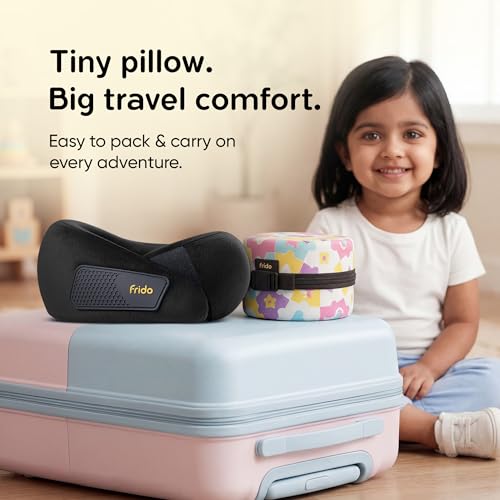 Image of Frido Kids Memory Foam Travel Neck Pillow with Travel Pouch | 360 Chin & Neck Support for Comfortable Sleep | Adjustable Velcro Straps | Ideal for Car, Flight & Road Trips | Core Black