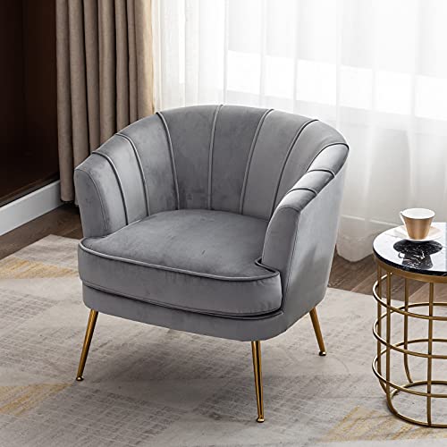 Artechworks Modern Velvet Barrel Chair Accent Armchair With Golden Legs For Living Room Bedroom Home Office, Channel Tufted Back Club Chair, Grey #TOP4