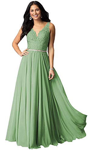 YMSHA Women's V Neck Prom Dresses for Teens Long Ball Gown Chiffon Maxi Formal Dresses Dusty Sage 6