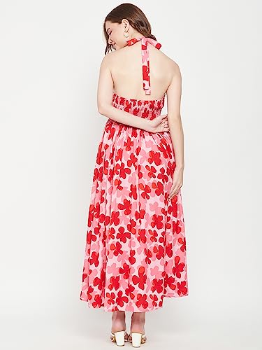Image of AMARK Women Pink and Red Halter Neck Floral Dress