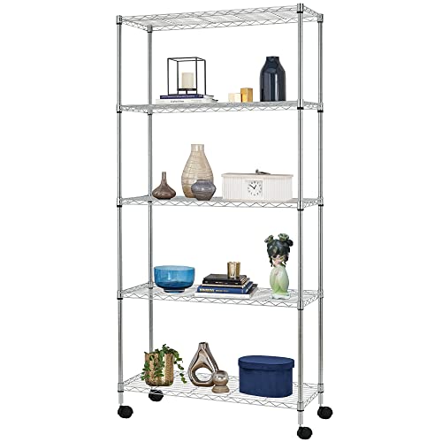 Image of BestOffice | 5-Tier Wire Storage Shelves with Wheels | 14x30x60 | Chrome | Adjustable Racks | Heavy-Duty Metal Shelf, Holds Upto 220 lbs | No-Tool Assembly | Ideal for Home & Garage Shelving
