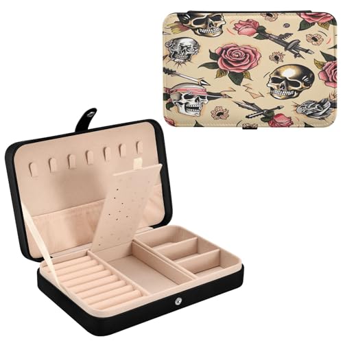 Haskirky Vintage Skulls Jewelry Box Portable PU Leather Travel Jewelry Organize for Women Jewelry Storage Display Holder for Ring, Necklace, Earring
