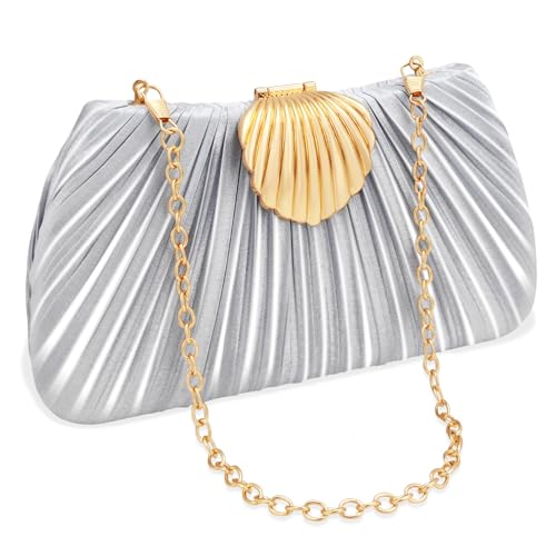 YBMYCM Clutch Evening Purse for Women 3-in-1 Detachable Chain for Shoulder/Crossbody/Handheld with Shell Clasp Elegant Silk Handbag for Wedding Prom Luxury Dinner