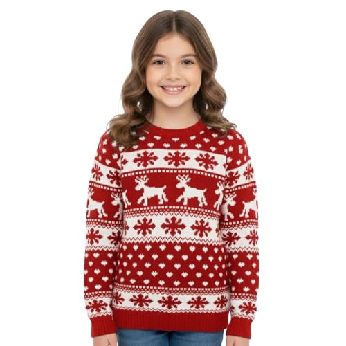 janisramone Girls Boys New Kids Christmas Reindeer Snowflake Novelty Knitted Children Xmas Jumper Sweater, Red, 5-6 Years