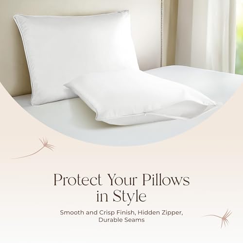 Image of Organic Cotton Pillow Protector Standard Size - 100% Cotton GOTS Certified Pillow Case Protector with Zipper - Hypoallergenic Machine Washable Edge Piping & Breathable Cover - 2 Pack (White, Standard)