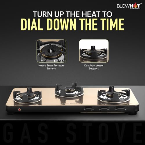 Image of BLOWHOT Crystal 3B Gas Stove | Stainless Steel Top | Push Button Auto Ignition Gas Stove Powered by Battery | Warranty - 2 Year on Product | 5 Years on Burner and Gas Valves