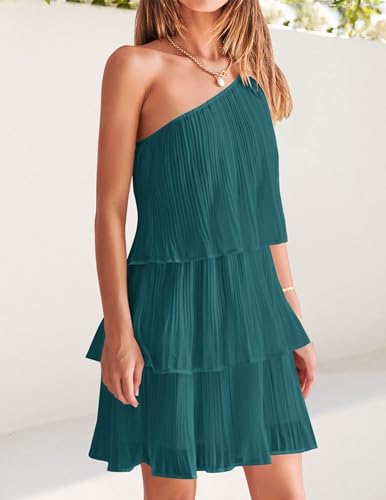Image of ZESICA Women's Boho Summer One Shoulder Sleeveless Ruffle Tiered Layered Chiffon Pleated A Line Flowy Mini Dress