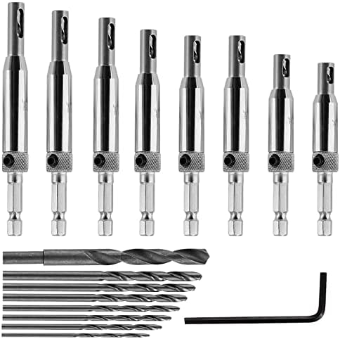 17pcs Self Centering Drill Bit Set for Metal Woodworking, 8 Sizes 1/4 Inch Hex Shank Vix-Bit Self-Centering Bits Hinge Centering Tool with Hex Key & 8 Replacement Drill Bits, 5/64-1/4 Inches