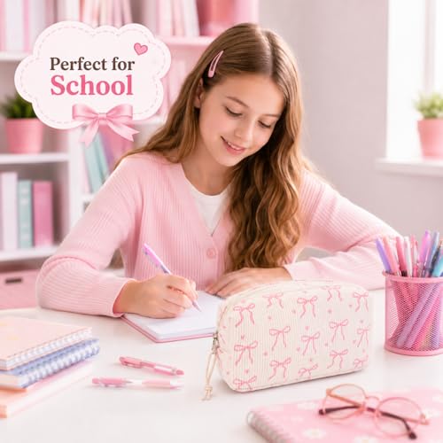 Image of LEDAOU Cute Pencil Case for Kids Girls Boys Pencil Pouch kawaii Pen Pencil Box Bag Holder for School Students (Corduroy Pink Bow)
