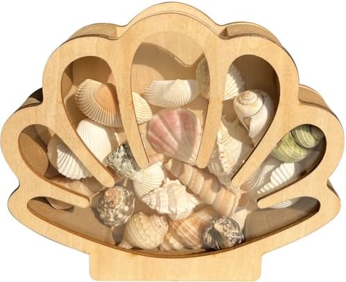 Wooden Seashell Display Case with Acrylic Window, Sea Shell Holder, Sea Glass Shark Tooth Starfish Storage Collection Shadow Box, Memory Keepsake Box, Coastal Home and Room Decor