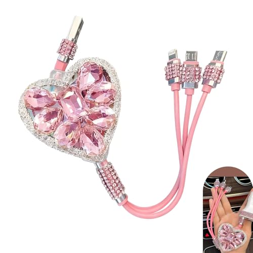 Image of Titwaye Heart Multi Charging Cable, 3 in 1 Retractable Fast Charging Cord, Portable Diamond Cable Adapter with Lightning/Type C/Micro USB, Fit for Most Cars, Trucks, SUVs (Pink)