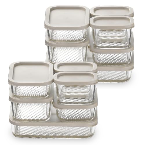 EATEX 12 Pack Glass Meal Prep Containers with Grooved Base, 12 Stackable BPA Free Glass Storage Containers with Lids for Lunch, Pantry, and Kitchen - Microwave, Dishwasher Freezer & Oven Safe - Cream