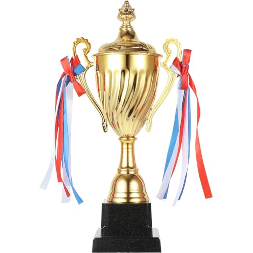 NUOBESTY Large Gold Trophy Cup Award 29cm Metal Winners Prize with Ribbons Sports Competition Trophy for Football School Events Tournament Quiz Night & Party Games