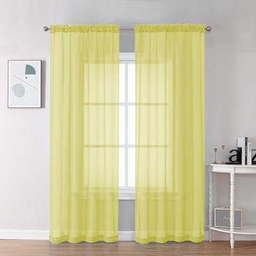 Image of Chyhomenyc Sheer Lemon Curtains 90 inches Long 2 Panels, Light Filtering Soft Airy Solid Elegant Voile Window Treatment Drapes for Bedroom Living Room, 42Wx90L Inches
