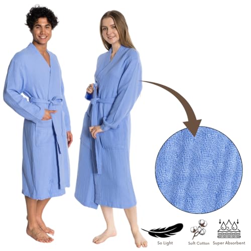 Image of Muslin Unisex Bathrobe Women & Men, 100% Cotton Kimono Lightweight Robe | Long Robes Soft, Absorbent, Spa robes