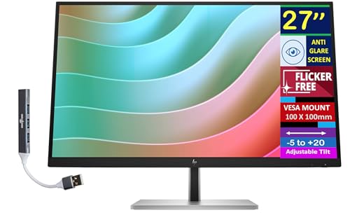 HP 27' 4K UHD IPS USB-C Monitor with 5ms Response Time, Anti Glare, 350 nits Brightness, Flicker Free, VESA Mount (100mm), Displayport, HDMI & Dockztorm USB Port Expander, Black/Silver Color