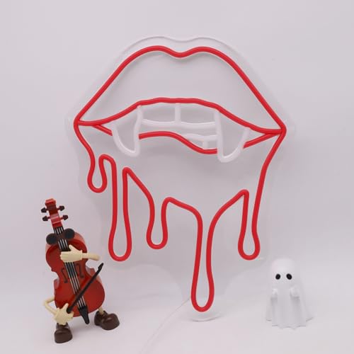 Image of Vampire Fangs Neon Sign, Red Lips LED Light for Halloween Wall Decor, Horror Gothic Neon Sign for Bedroom, Bar, Vampire Theme Party Decorations