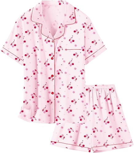 Image of Schbbbta Girls Womens Pajamas, Satin Silky Pjs Set Kids 2Pcs Button-Down Nightwear Sleepwear Gift for Mommy and me
