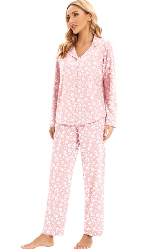 Image of LUBOT 100% Cotton Pajamas for Women Pajama Set 2 Piece PJ Sleepwear Set Soft Ladies Button Knit Long Sleeve Loungewear XS-XXL