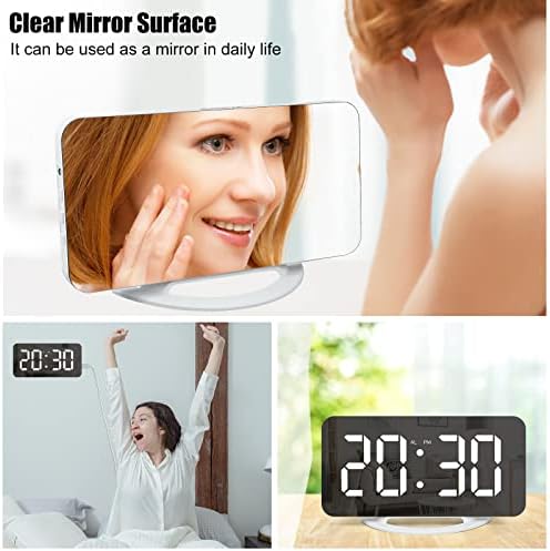 Digital Clocks Bedside, LED Mirror Surface Alarm Clocks Bedside with Light Sensing Dimming Mode, 3 Levels Adjustable Brightness, Dual USB Ports, Snooze Function Portable Alarm Clock for Bedroom(White)