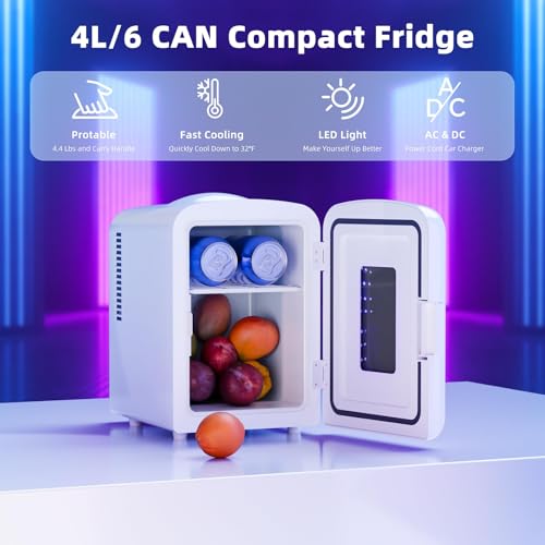 Image of Antarctic Star Mini Fridge 4 Liter /6 Cans Portable Mini Compact Refrigerator with Gaming Light, for Bedroom,Car,Office and Dorm, Small Cooler for Cosmetics, Beverage and Food, White