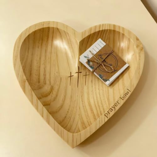 JimZePong Heart Prayer Bowl with 24 Cards Christian Heart Shaped Wooden Dough Bowl Handcrafted Prayer Request Bowl Religious Gift for Women Mom Baptism Church Thanksgiving & Christmas Decor