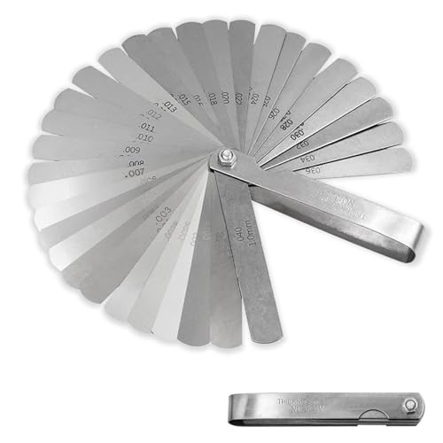 32 Klingen Fühlerlehre Edelstahl,Doppelt Markierte Metrik und Imperial Messwerkzeug,Messlehre,Ventillehre,Steel Feeler Gauge,Biegbar Fühlerlehre für Messung Gap Breite Dicke Metrisch Größen(0,02-1mm)