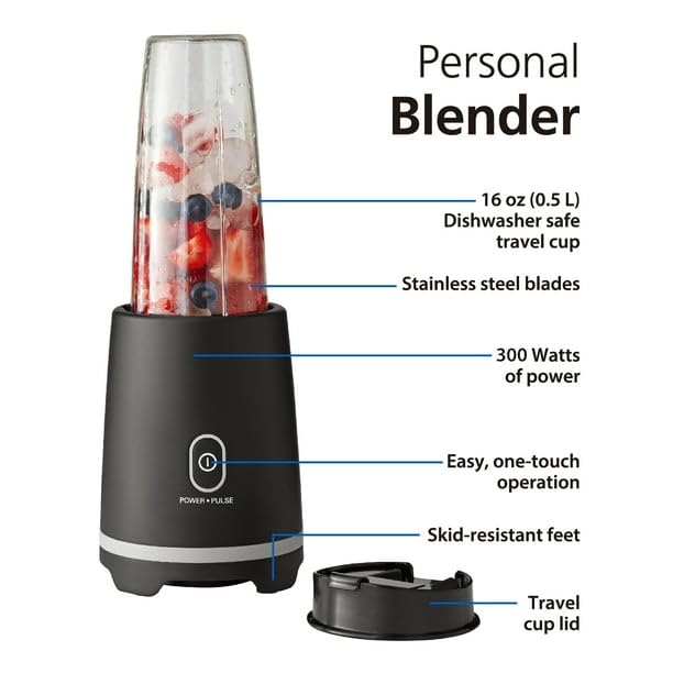 Black Single-Serve Blender With 1 Travel Lid, 16 Oz, New, Dishwasher Safe, Contains No BPA, 300-Watt Motor That Provides All The Power You Need For Fast, Reliable Performance
