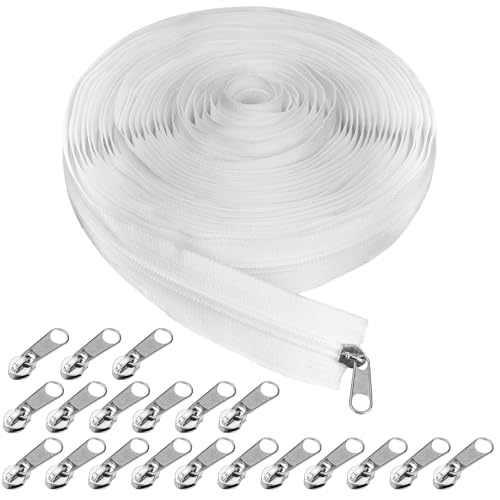 zrfgbxim 9.3m Zips for Sewing White Continuous Zip and Sliders, Nylon Coil Zipper by the Yards