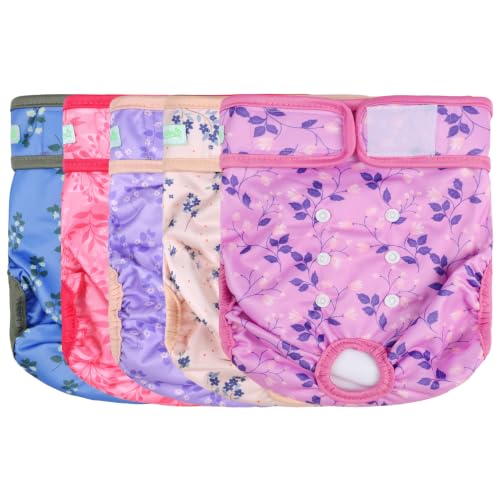 Image of wegreeco Female Dog Diapers, Washable Reusable Pet Puppy Doggie Diapers for Small Medium Large Female Dogs in Heat Period, Doggy Period Panties, 5 Pack, Large, Purple Red Flowers