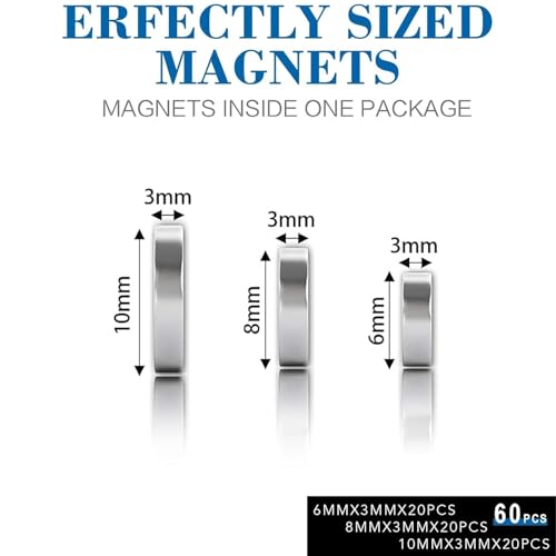 Image of TRYMAG Small Neodymium Magnets, 3 Different Size Refrigerator Magnet 60Pcs